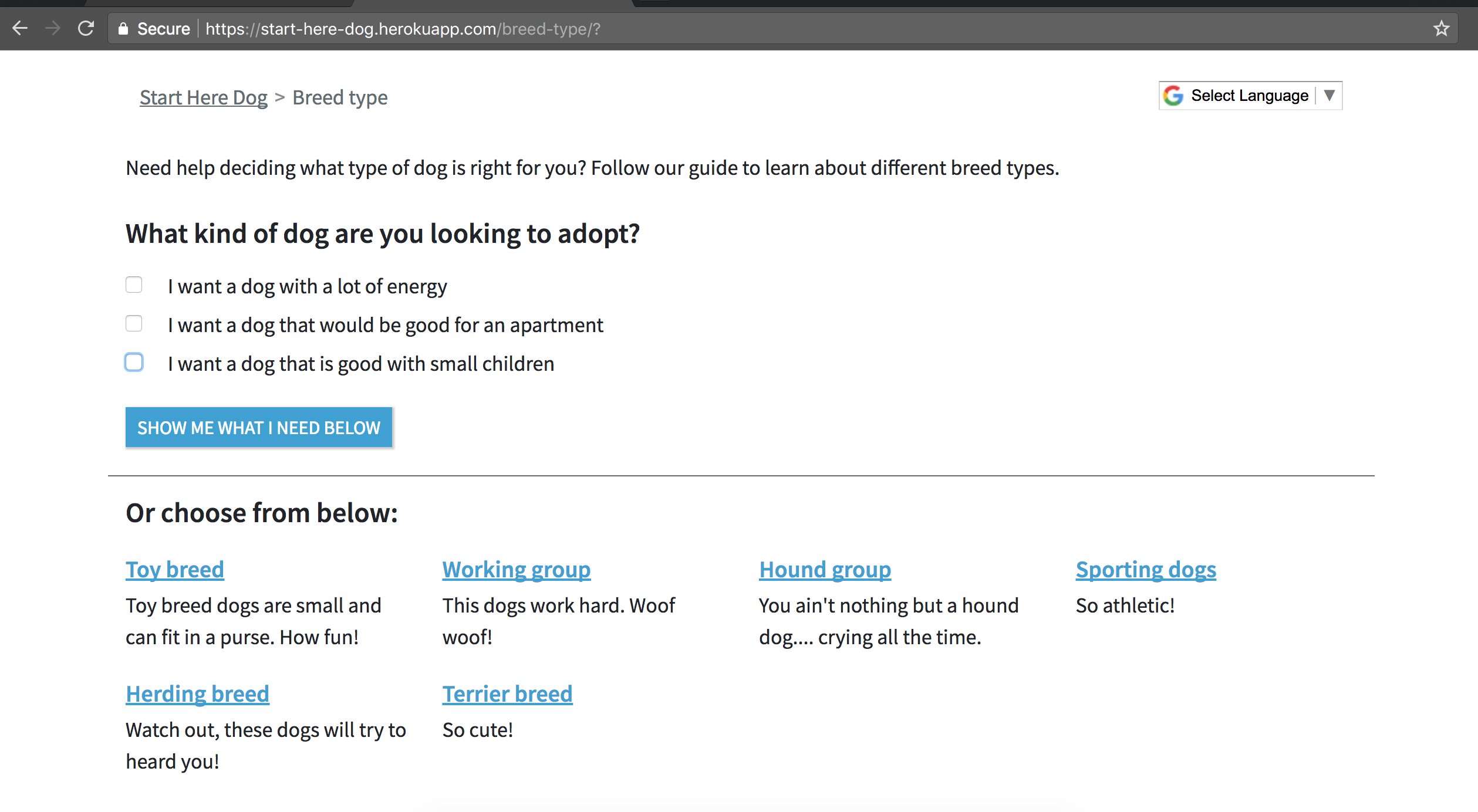 A Track page with an Options Form to help a user pick a dog breed