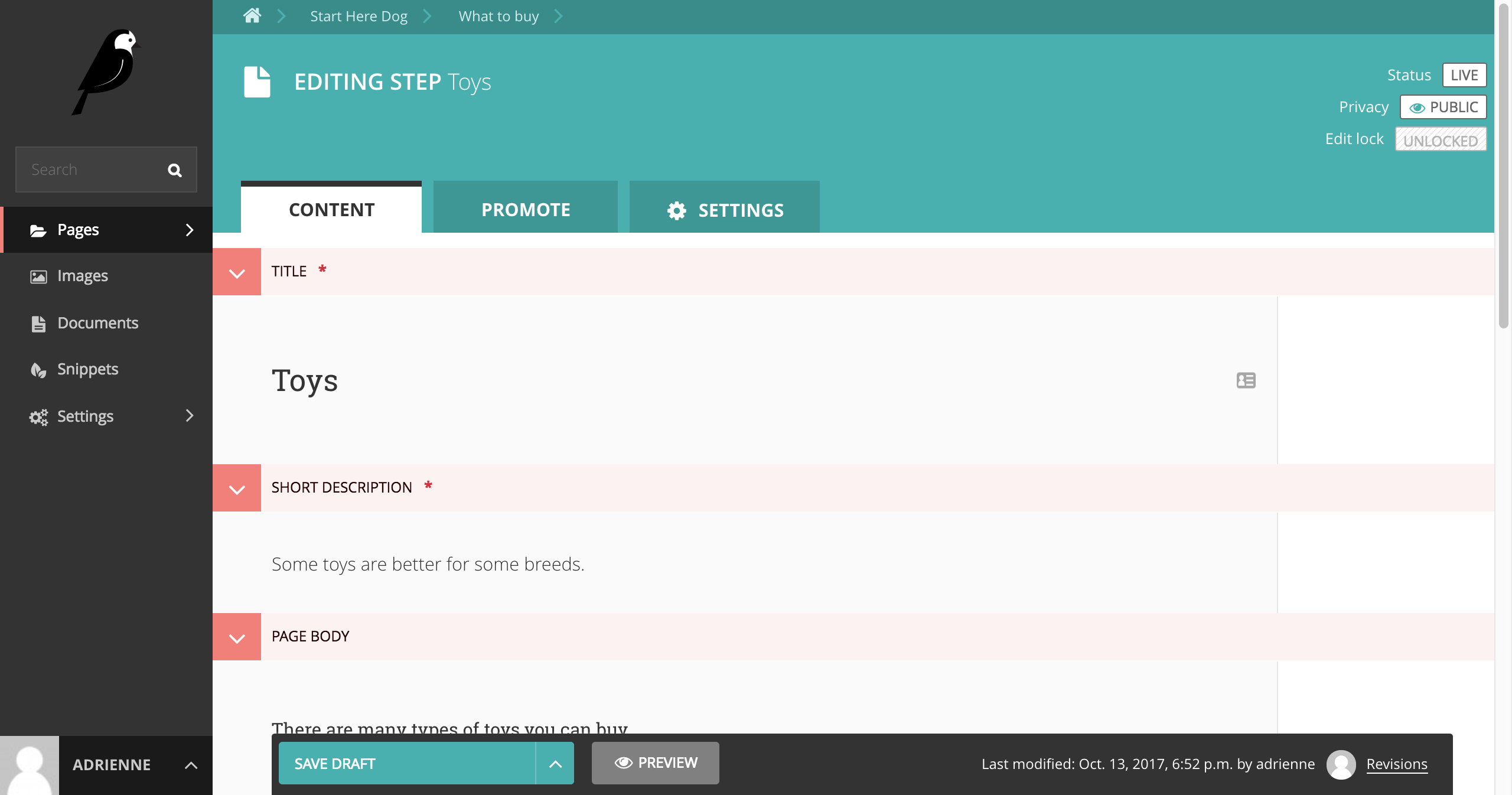 The first section of the editing admin for a Step page